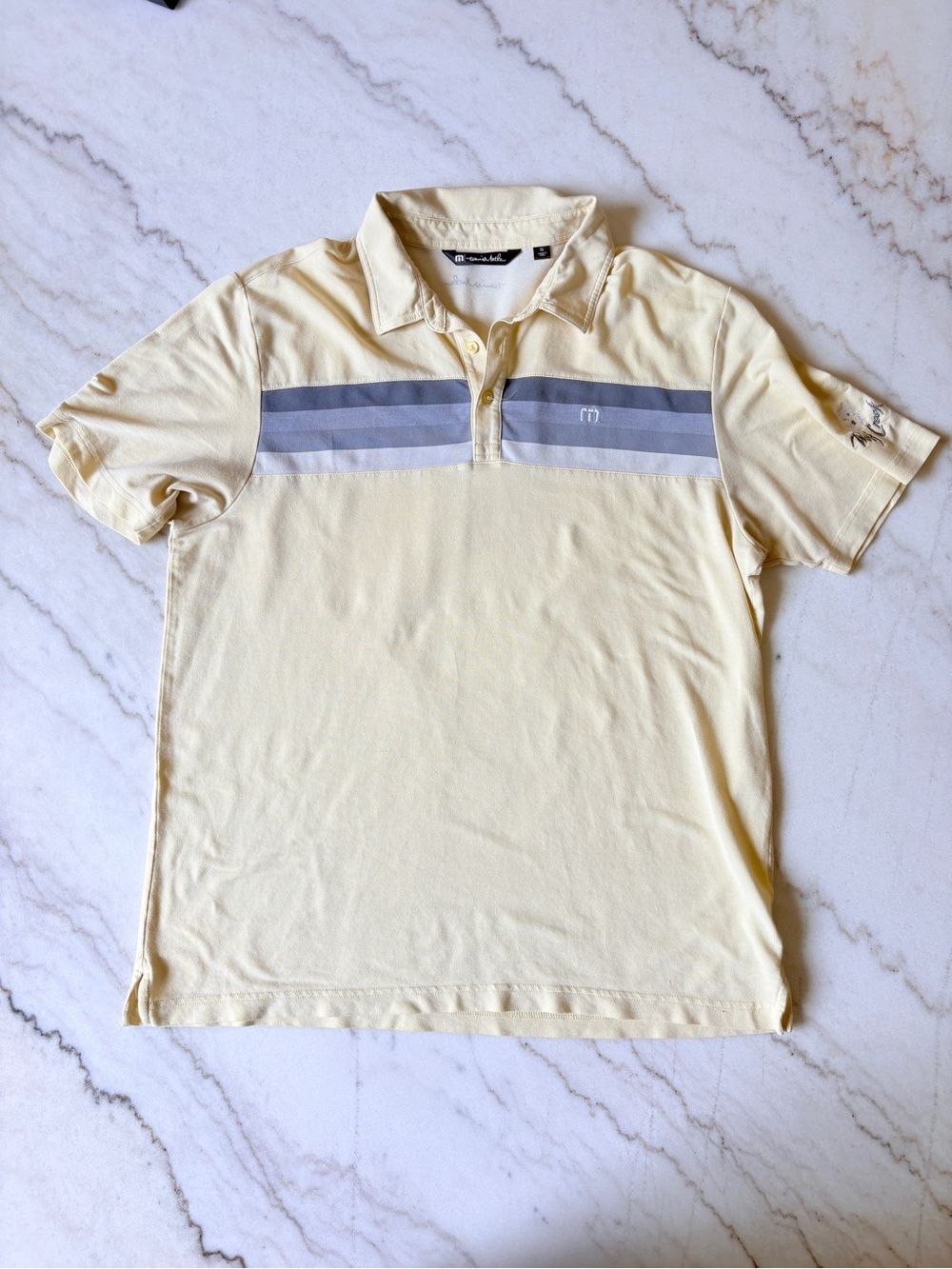 Travis Mathew Pale Yellow Polo with Gray Chest Stripes